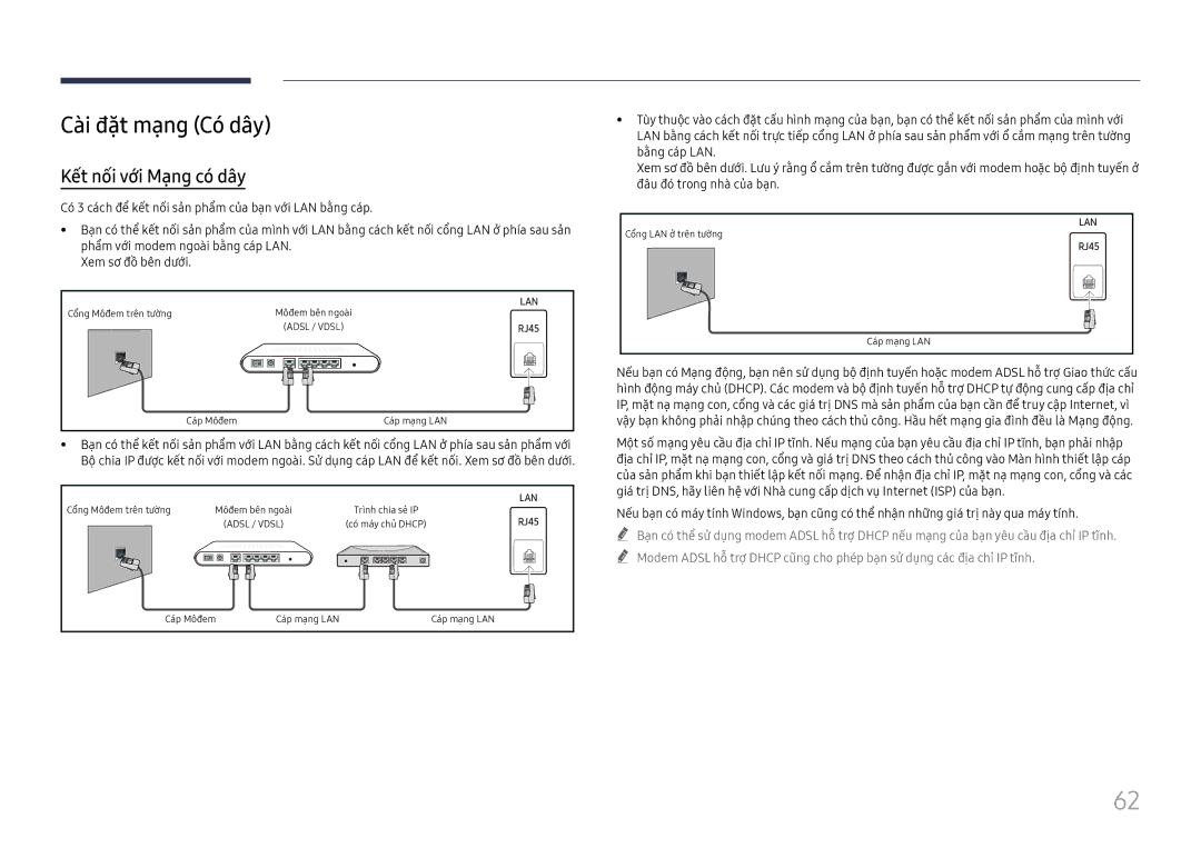 Samsung LH75QBHRTBC/XV manual Cà̀i đặ̣t mạ̣ng Có dây, Kêt nôi vơi Mạng co dây 