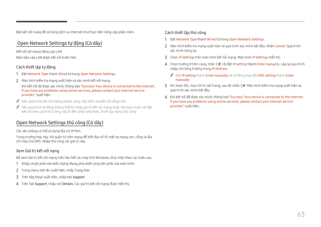 Samsung LH75QBHRTBC/XV manual Open Network Settings tự̣ động Có dây, Open Network Settings thủ̉ công Có dây 