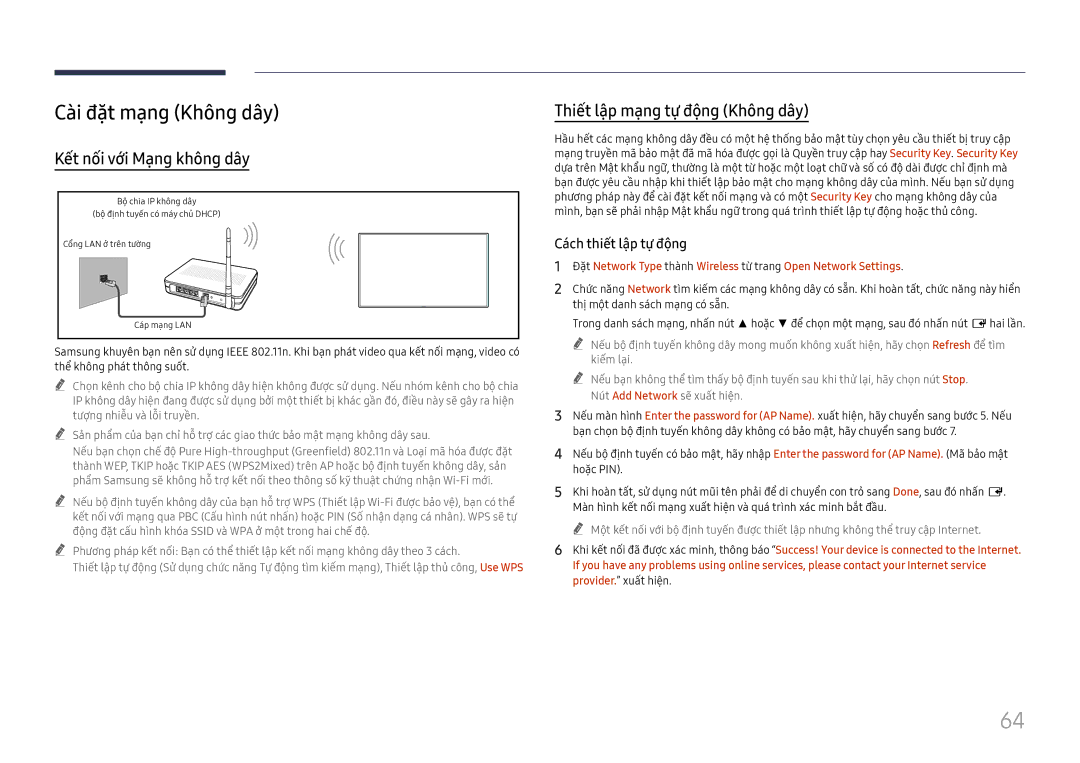 Samsung LH75QBHRTBC/XV manual Cà̀i đặ̣t mạ̣ng Không dây, Kêt nôi vơi Mạng không dây, Thiết lập mạ̣ng tự̣ động Không dây 