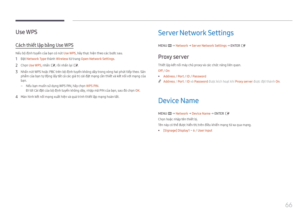 Samsung LH75QBHRTBC/XV manual Server Network Settings, Device Name, Proxy server, Cach thiêt lâp bằng Use WPS 