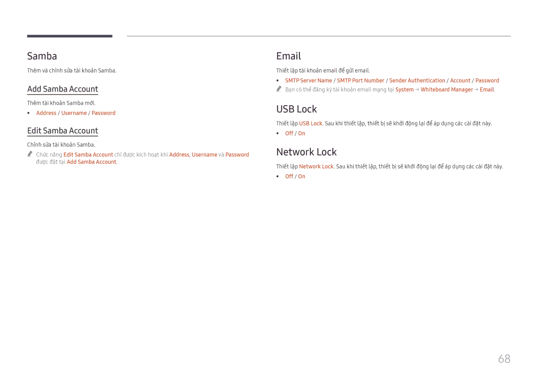 Samsung LH75QBHRTBC/XV manual USB Lock, Network Lock, Add Samba Account, Edit Samba Account 