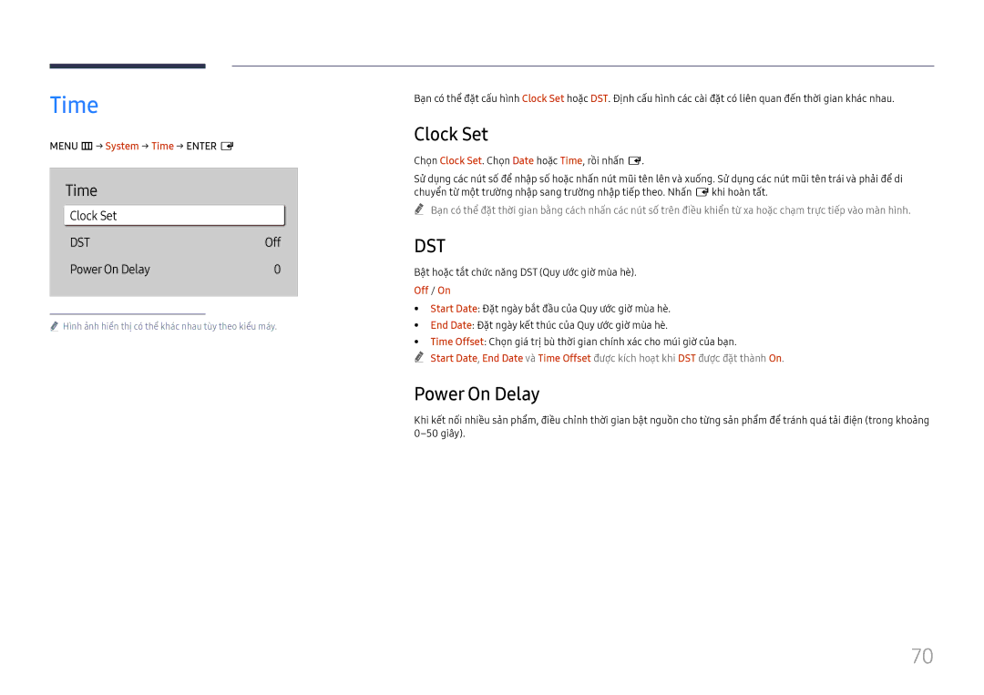 Samsung LH75QBHRTBC/XV manual Clock Set, Power On Delay, Menu m→ System → Time → Enter E 