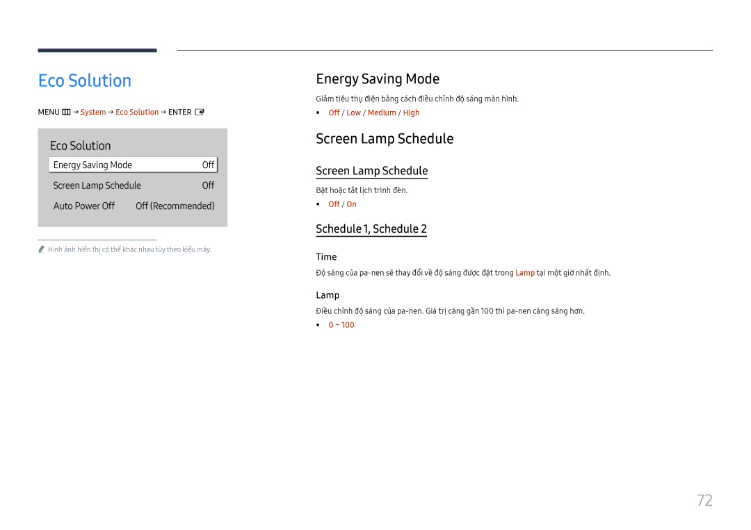 Samsung LH75QBHRTBC/XV manual Eco Solution, Energy Saving Mode, Screen Lamp Schedule 