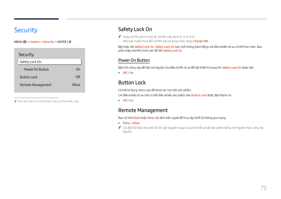 Samsung LH75QBHRTBC/XV manual Security, Safety Lock On, Button Lock, Remote Management 