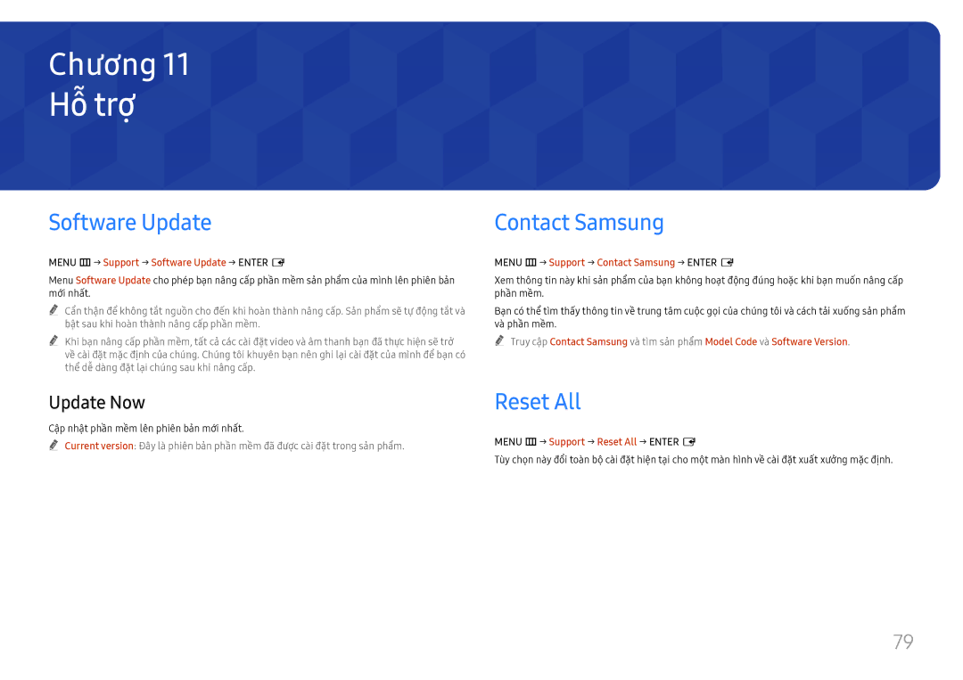 Samsung LH75QBHRTBC/XV manual Hỗ trơ, Software Update, Contact Samsung, Reset All, Update Now 