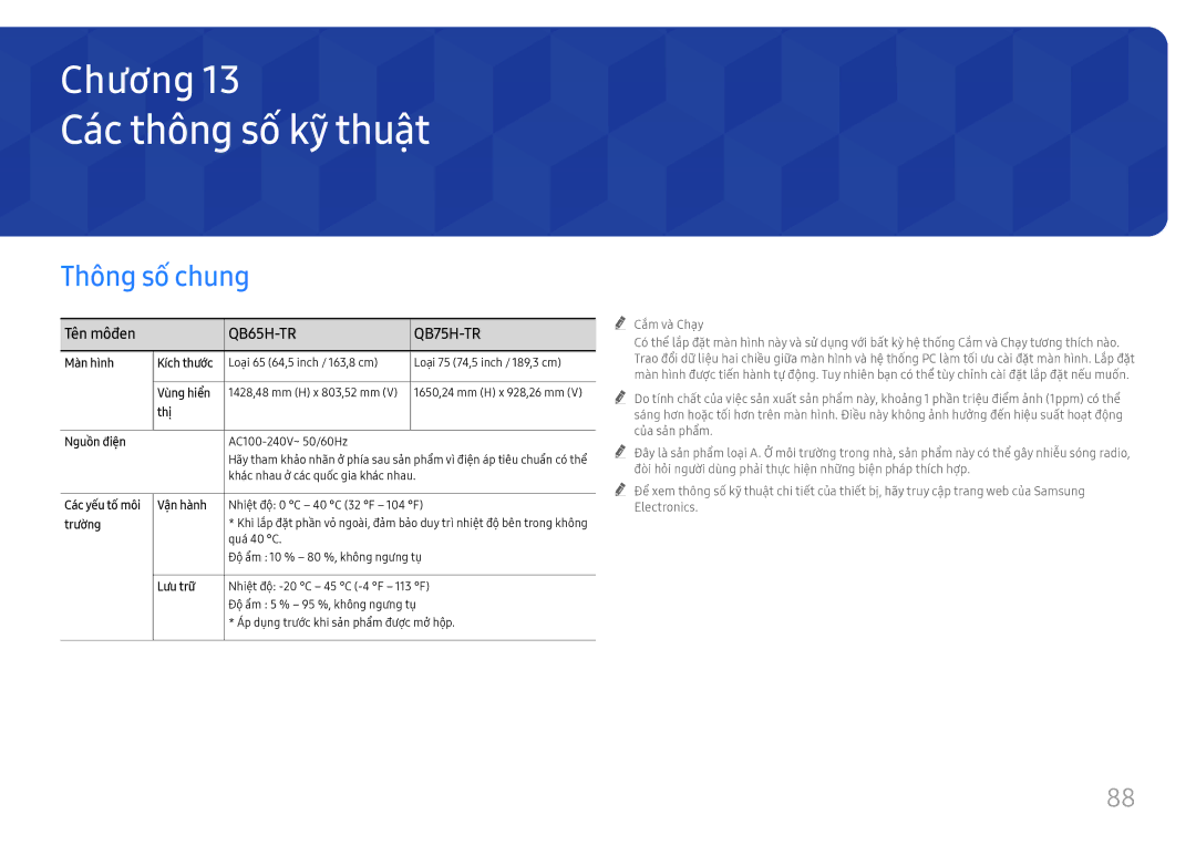 Samsung LH75QBHRTBC/XV manual Cac thông số kỹ̃ thuật, Thông sô chung, Tên môđen 