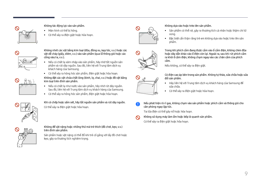 Samsung LH75QBHRTBC/XV manual Không tác động lự̣c và̀o sản phẩ̉m, Không dự̣a và̀o hoặ̣c trè̀o lên sản phẩ̉m 