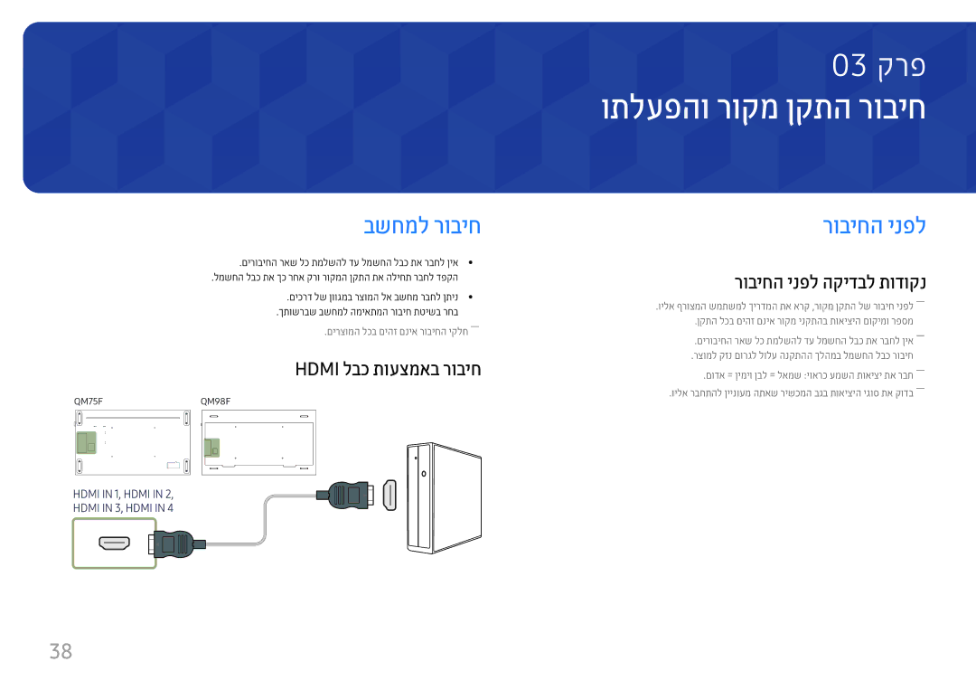 Samsung LH75QMFPLGC/CH, LH98QMFPLGC/CH manual ותלעפהו רוקמ ןקתה רוביח, בשחמל רוביח, רוביחה ינפל, Hdmi לבכ תועצמאב רוביח 