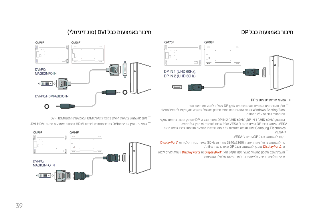 Samsung LH98QMFPLGC/CH, LH75QMFPLGC/CH ילטיגיד גוס Dvi לבכ תועצמאב רוביח, Dp לבכ תועצמאב רוביח, Dp-ב שומישל תוריהז יעצמא 