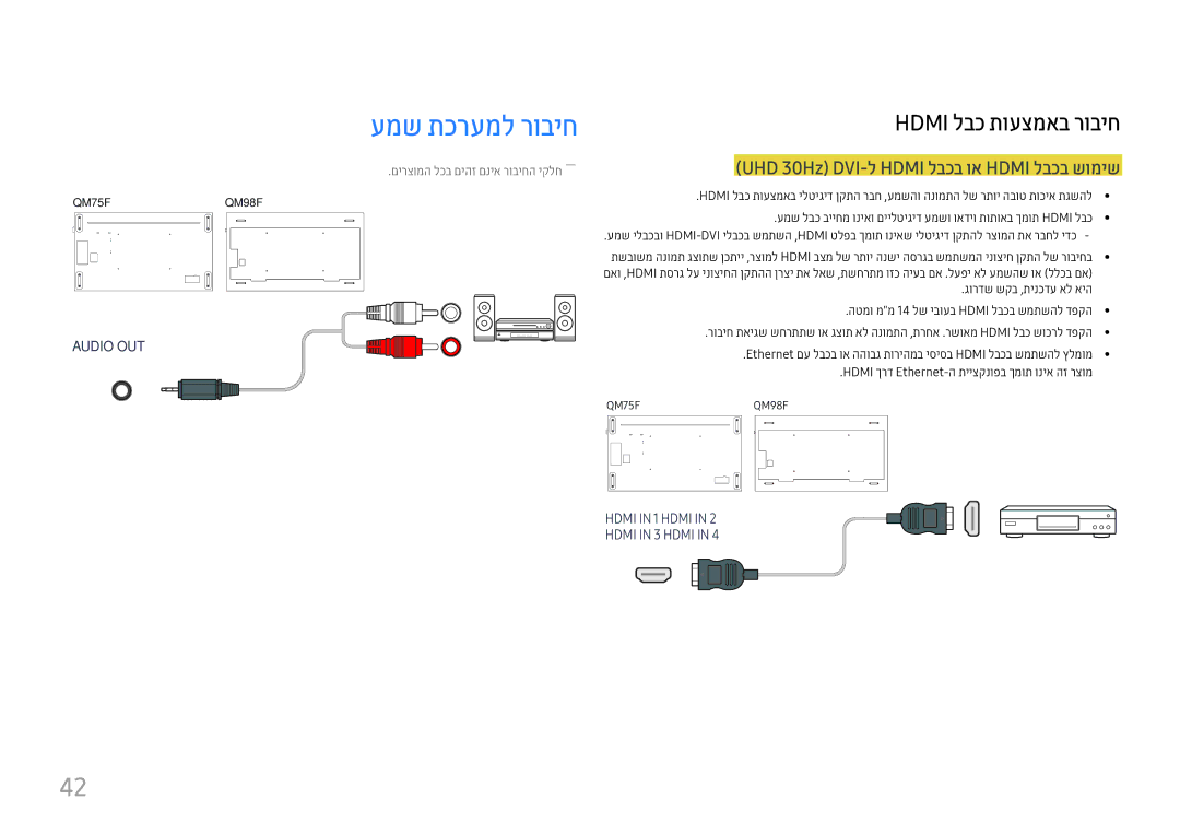 Samsung LH75QMFPLGC/CH, LH98QMFPLGC/CH manual עמש תכרעמל רוביח, UHD 30Hz ‏DVI-ל Hdmi לבכב וא Hdmi לבכב שומיש 