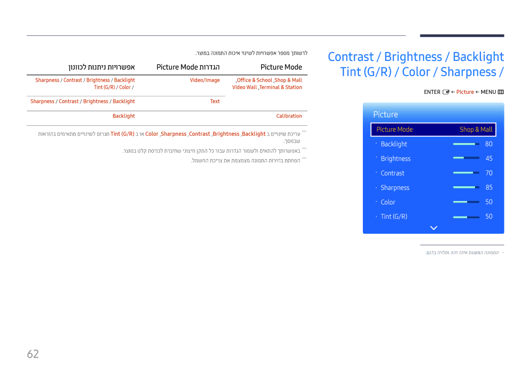 Samsung LH75QMFPLGC/CH manual ןונווכל תונתינ תויורשפא, Picture Mode, רצומב הנומתה תוכיא יונישל תויורשפא רפסמ ךתושרל 