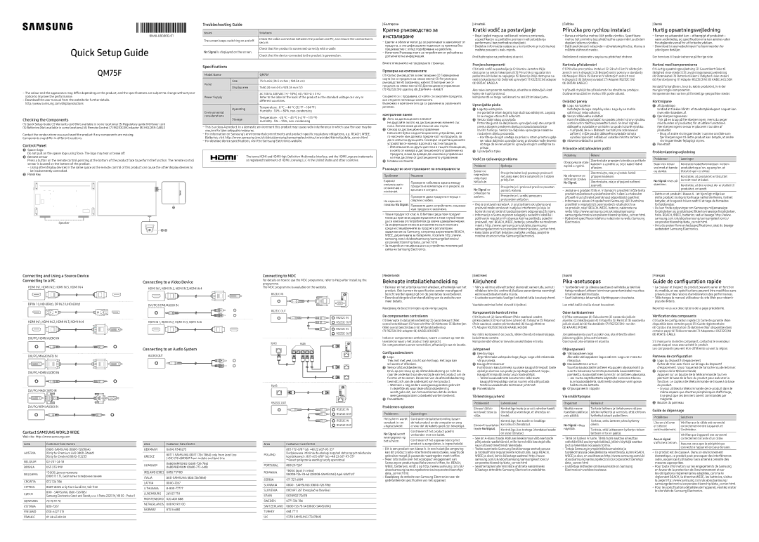 Samsung LH75QMFPLGC/EN manual Кратко ръководство за инсталиране, Hurtig opsætningsvejledning, Kiirjuhend, Pika-asetusopas 