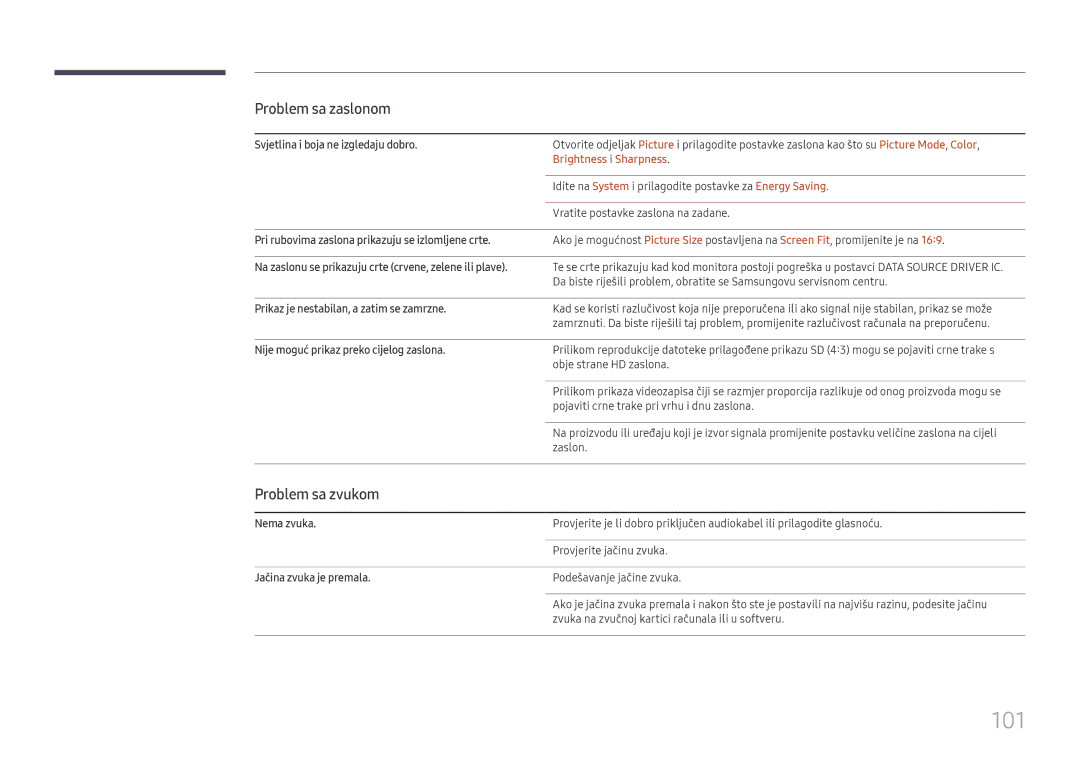 Samsung LH75QMFPLGC/EN manual 101, Problem sa zvukom, Brightness i Sharpness 