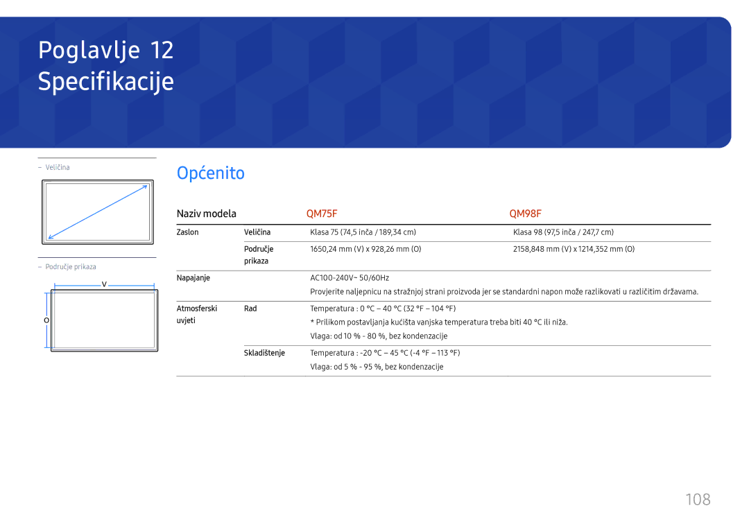 Samsung LH75QMFPLGC/EN manual Specifikacije, Općenito, 108 