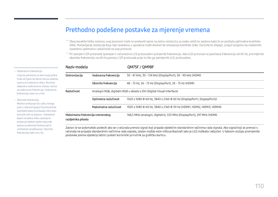 Samsung LH75QMFPLGC/EN manual Prethodno podešene postavke za mjerenje vremena, 110, Naziv modela QM75F / QM98F 