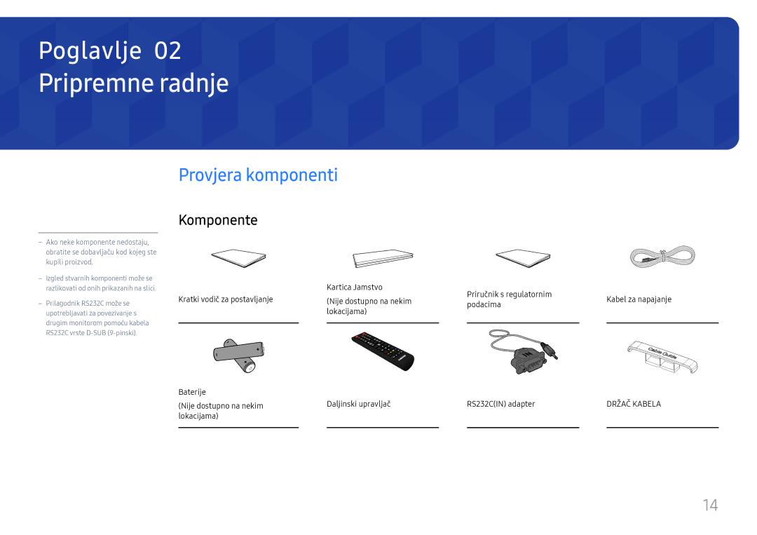 Samsung LH75QMFPLGC/EN manual Pripremne radnje, Provjera komponenti, Komponente 