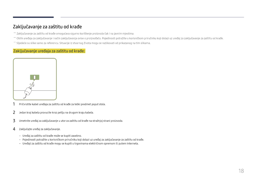 Samsung LH75QMFPLGC/EN manual Zaključavanje za zaštitu od krađe, Zaključavanje uređaja za zaštitu od krađe 