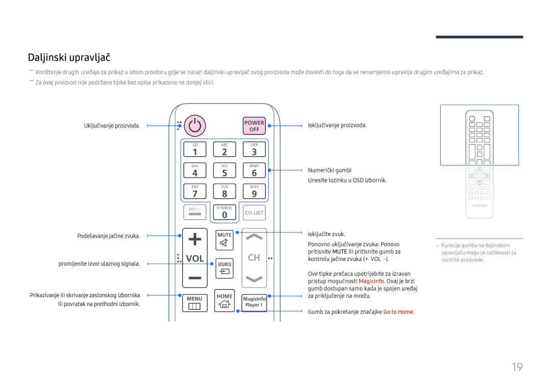 Samsung LH75QMFPLGC/EN manual Daljinski upravljač, Uključivanje proizvoda 