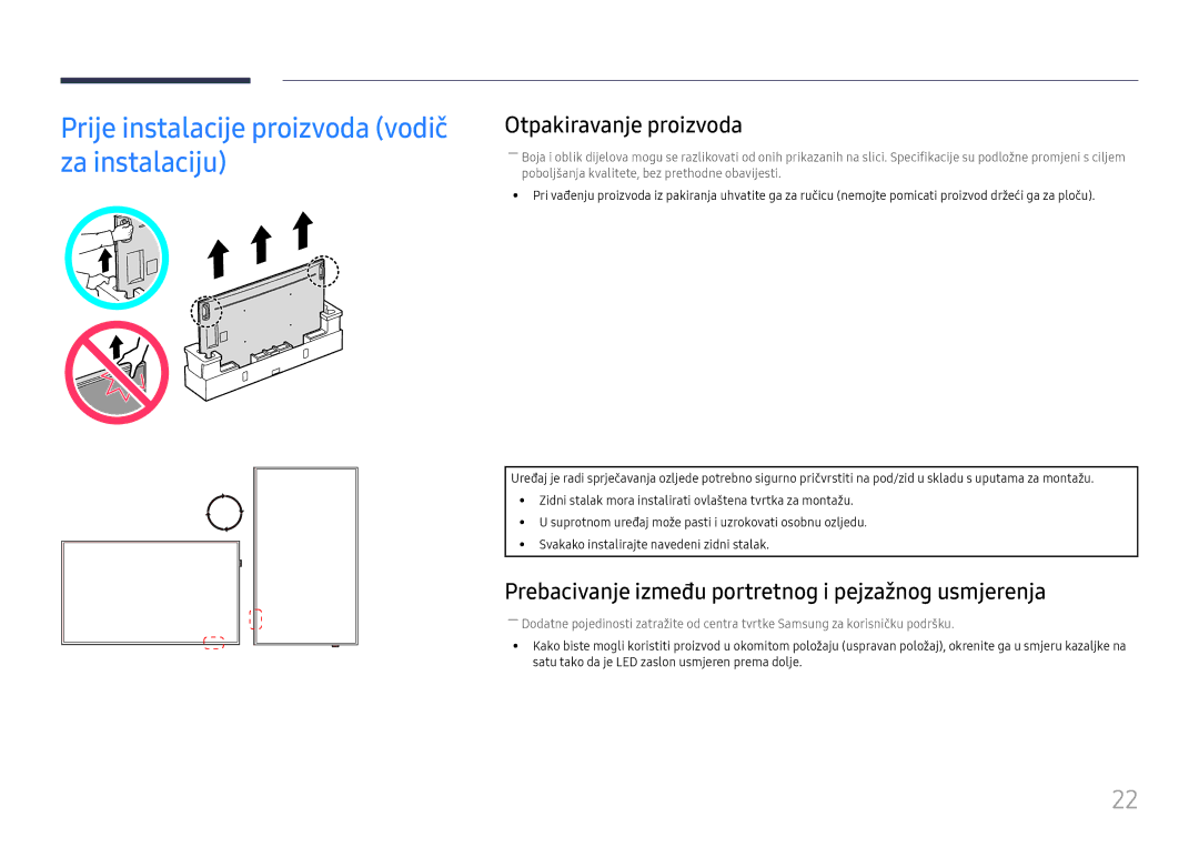 Samsung LH75QMFPLGC/EN manual Prije instalacije proizvoda vodič za instalaciju, Otpakiravanje proizvoda 