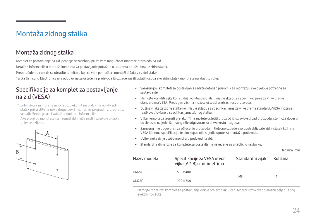 Samsung LH75QMFPLGC/EN manual Montaža zidnog stalka, Specifikacije za komplet za postavljanje na zid Vesa 