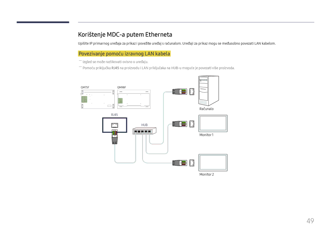 Samsung LH75QMFPLGC/EN manual Korištenje MDC-a putem Etherneta, Povezivanje pomoću izravnog LAN kabela 