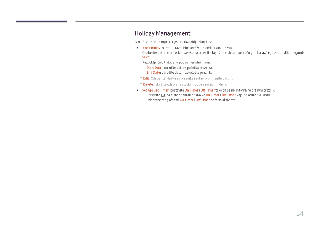 Samsung LH75QMFPLGC/EN manual Holiday Management, Save 