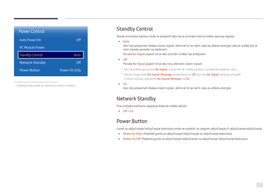 Samsung LH75QMFPLGC/EN manual Standby Control, Network Standby, Power Button, Auto Power On Off PC Module Power 