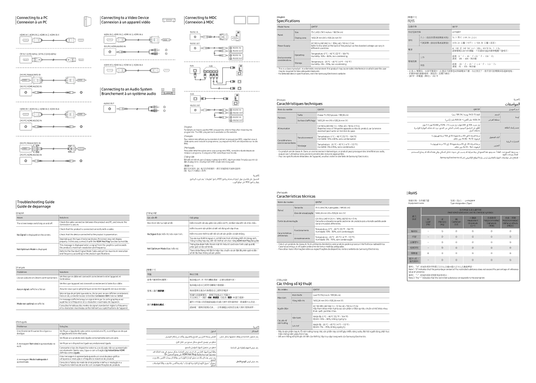 Samsung LH75QMFPLGC/XV Connecting to a PC Connexion à un PC, Connecting to MDC Connexion à MDC, Specifications, تافصاوملا 