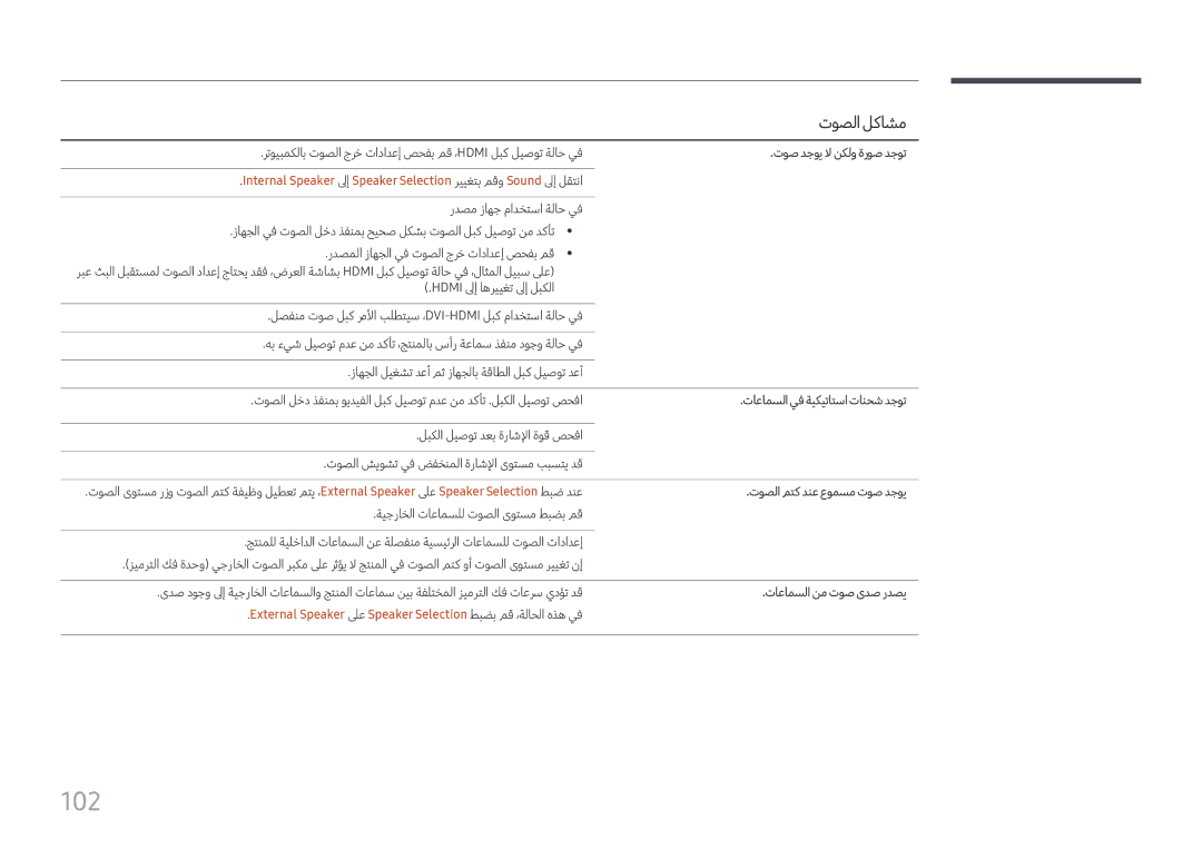 Samsung LH98QMFPLGC/NG 102, توص دجوي لا نكلو ةروص دجوت, تاعامسلا يف ةيكيتاتسا تانحش دجوت, توصلا متك دنع عومسم توص دجوي 