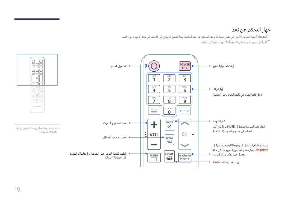 Samsung LH98QMFPBGC/UE, LH75QMFPLGC/NG, LH75QMFPLGC/UE, LH98QMFPLGC/NG manual دعبُنع مكحتلا زاهج, Go to Home ليغشت رز 