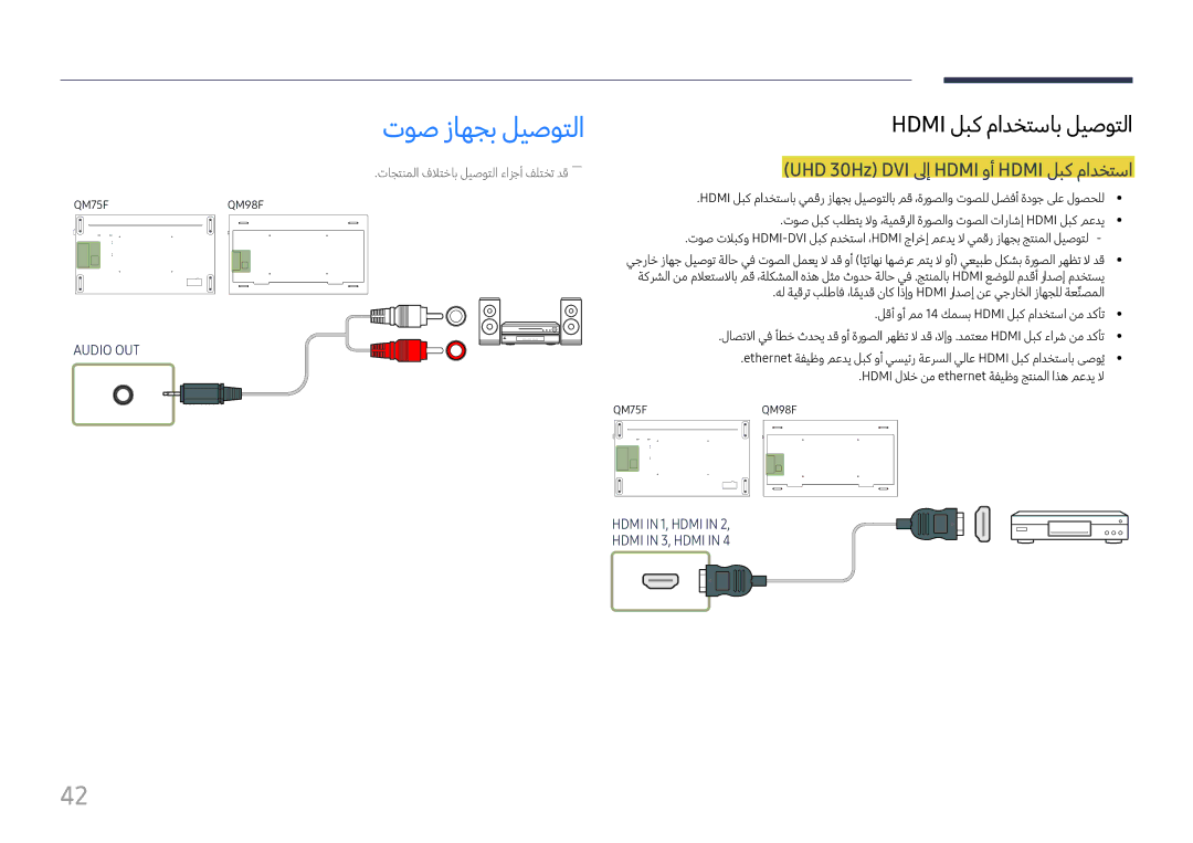 Samsung LH98QMFPLGC/NG, LH75QMFPLGC/NG, LH75QMFPLGC/UE manual توص زاهجب ليصوتلا, UHD 30Hz ‏DVI لىإ Hdmi وأ Hdmi لبك مادختسا 