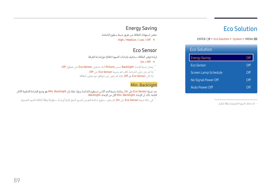 Samsung LH75QMFPLGC/UE, LH75QMFPLGC/NG, LH98QMFPLGC/NG manual Eco Solution, Energy Saving, Eco Sensor, Min. Backlight 