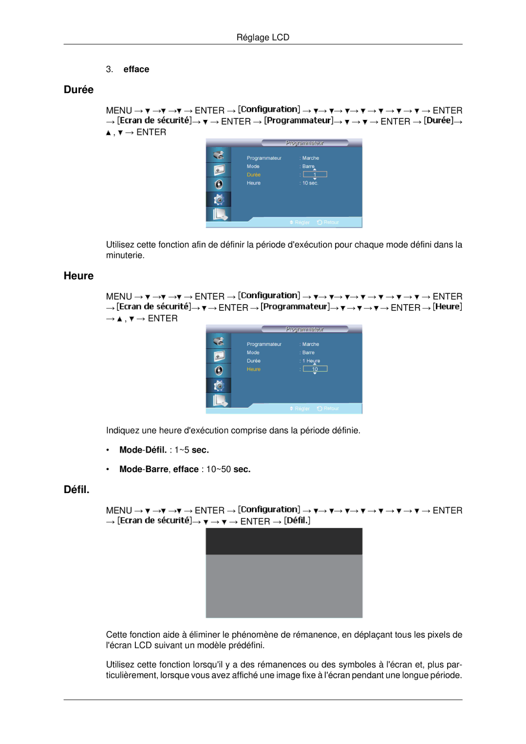 Samsung LH82BVTLBF/EN, LH82BVSLBF/EN manual Durée, Efface, Mode-Défil ~5 sec Mode-Barre,efface 10~50 sec 
