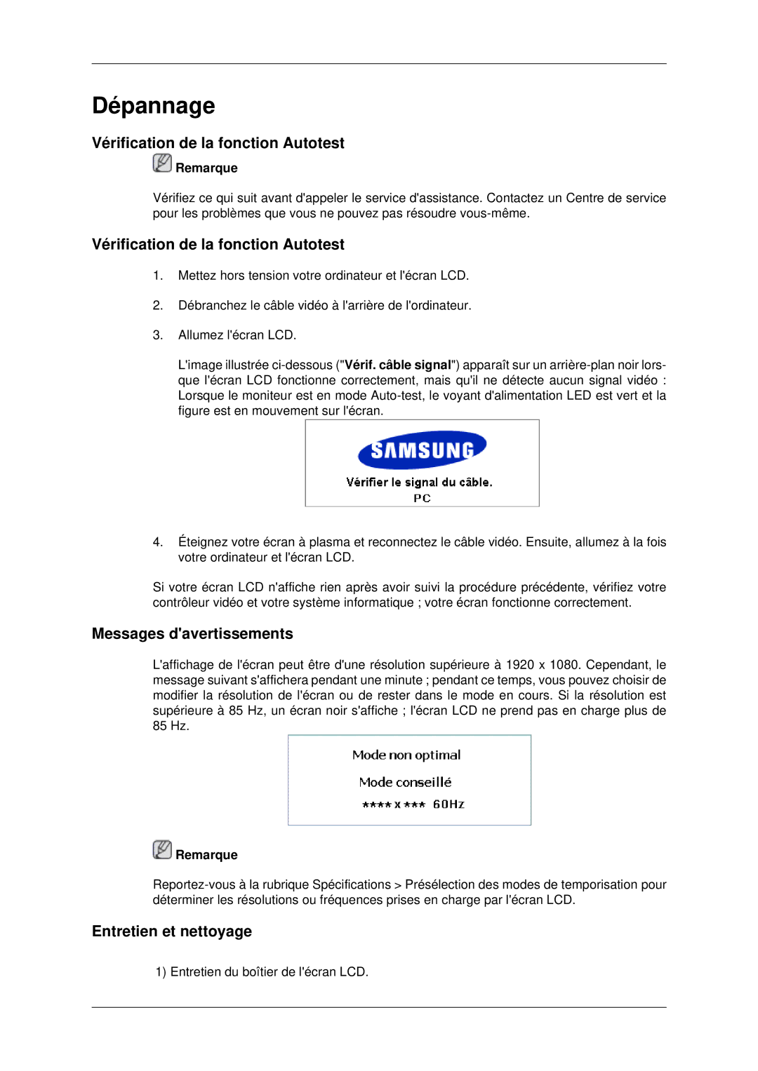 Samsung LH82BVSLBF/EN manual Vérification de la fonction Autotest, Messages davertissements, Entretien et nettoyage 