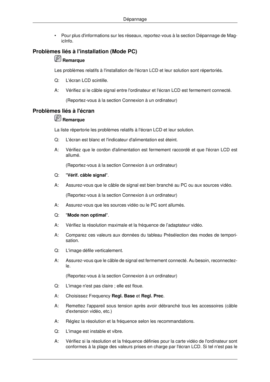 Samsung LH82BVSLBF/EN, LH82BVTLBF/EN Problèmes liés à linstallation Mode PC, Problèmes liés à lécran, Vérif. câble signal 