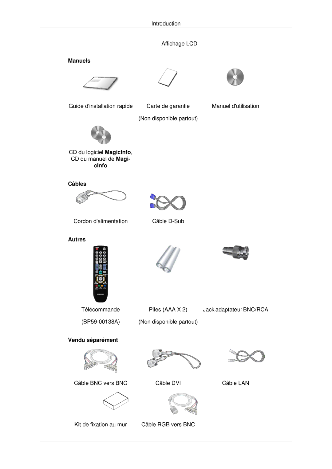 Samsung LH82BVTLBF/EN, LH82BVSLBF/EN manual Manuels, Câbles, Autres, Vendu séparément 