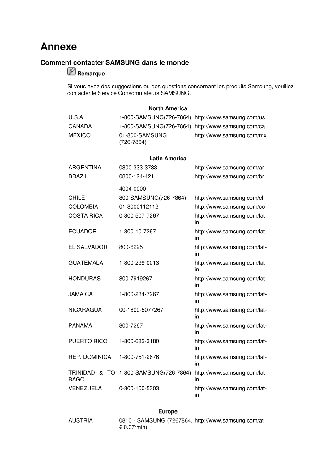 Samsung LH82BVTLBF/EN, LH82BVSLBF/EN manual Comment contacter Samsung dans le monde, North America, Latin America, Europe 