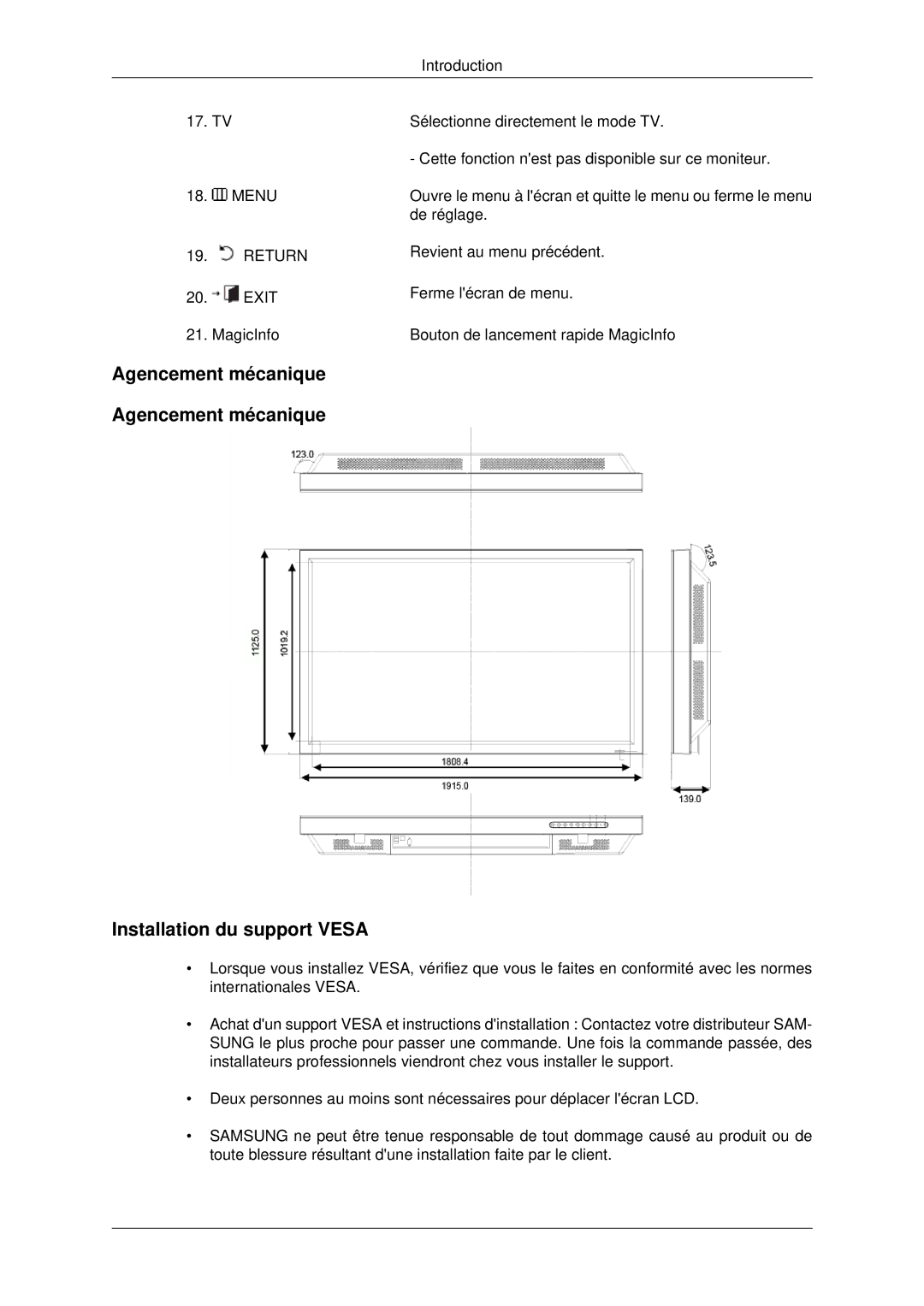 Samsung LH82BVTLBF/EN, LH82BVSLBF/EN manual Agencement mécanique Installation du support Vesa 