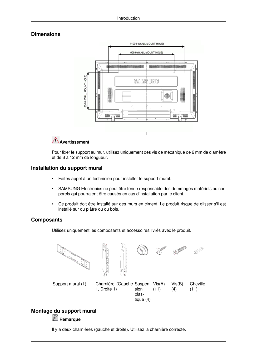 Samsung LH82BVSLBF/EN manual Dimensions, Installation du support mural, Composants, Montage du support mural, Avertissement 