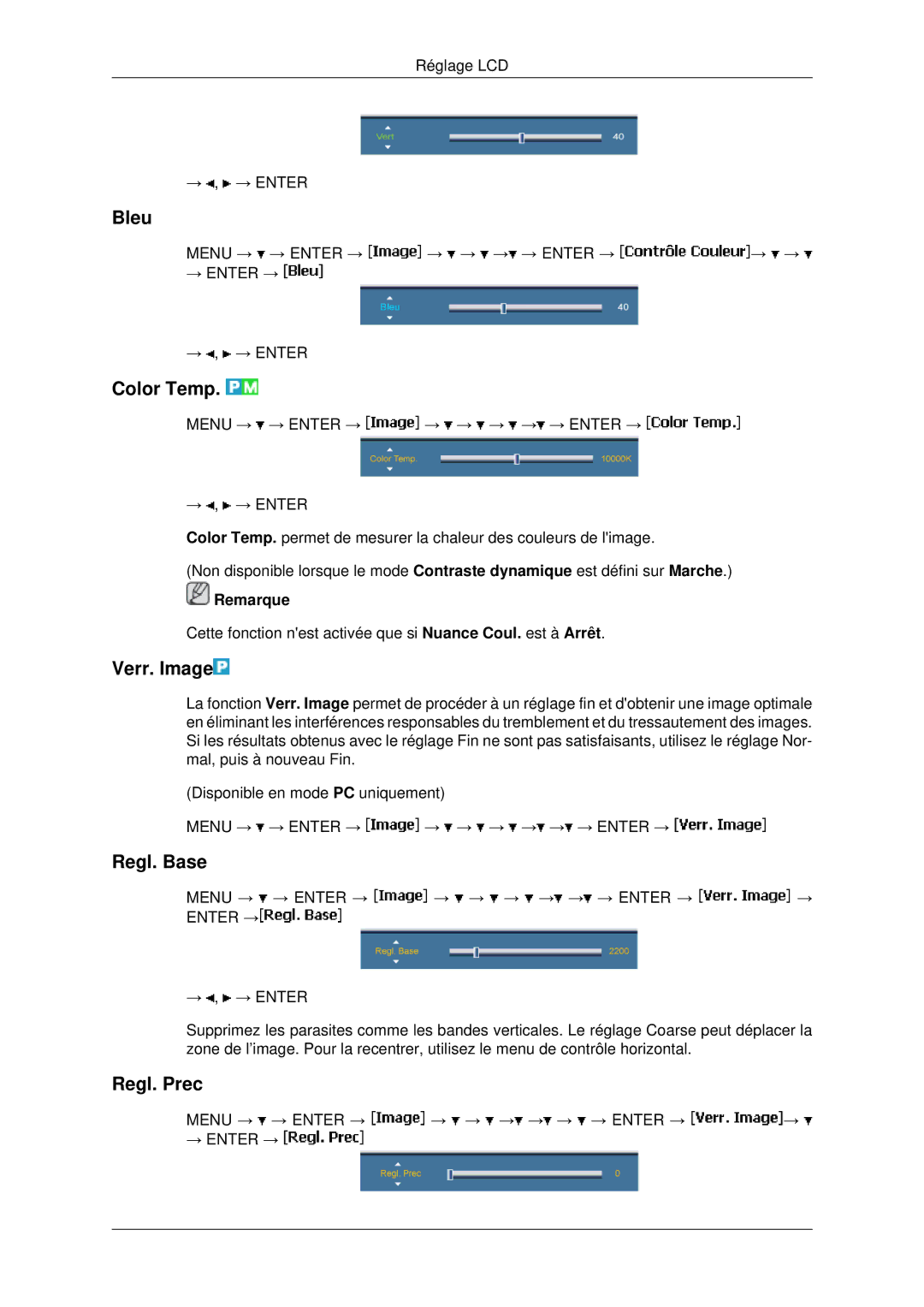 Samsung LH82BVSLBF/EN, LH82BVTLBF/EN manual Bleu, Color Temp, Verr. Image, Regl. Base, Regl. Prec 