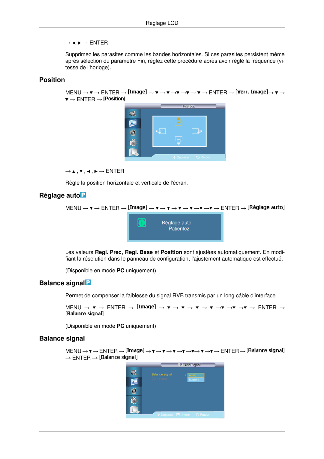 Samsung LH82BVTLBF/EN, LH82BVSLBF/EN manual Réglage auto, Balance signal 