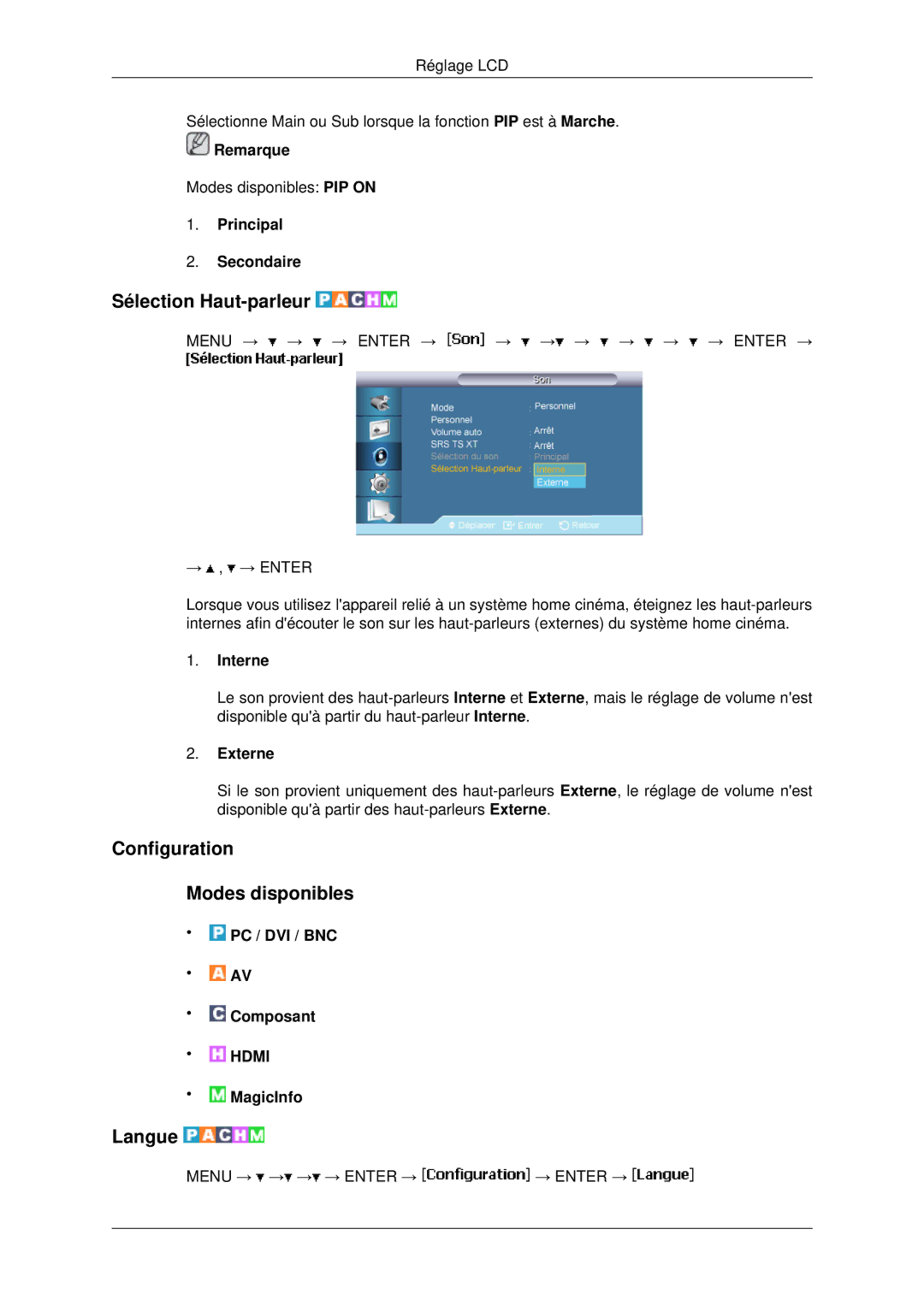 Samsung LH82BVSLBF/EN, LH82BVTLBF/EN manual Sélection Haut-parleur, Configuration Modes disponibles, Langue 