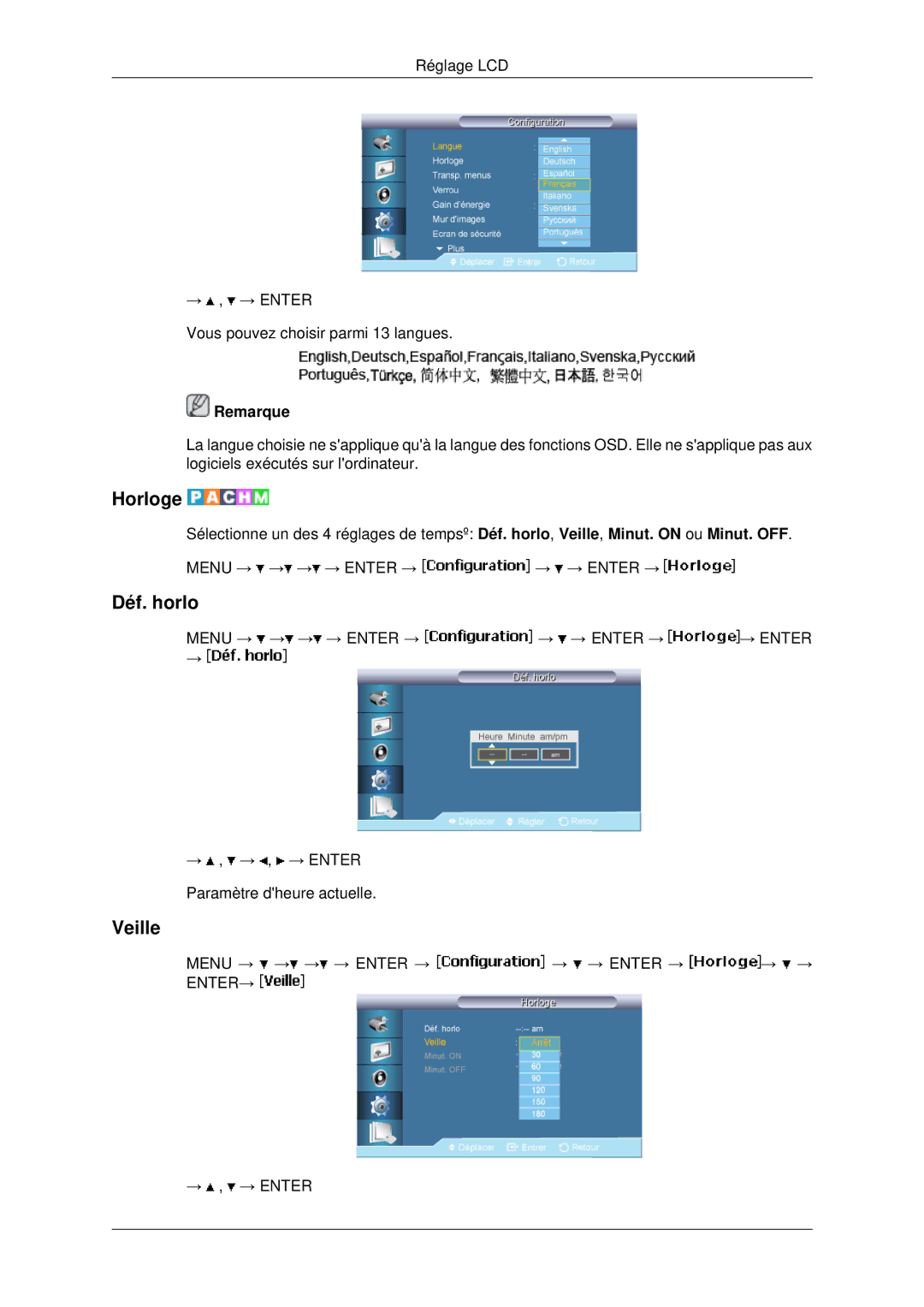 Samsung LH82BVTLBF/EN, LH82BVSLBF/EN manual Horloge, Déf. horlo, Veille 