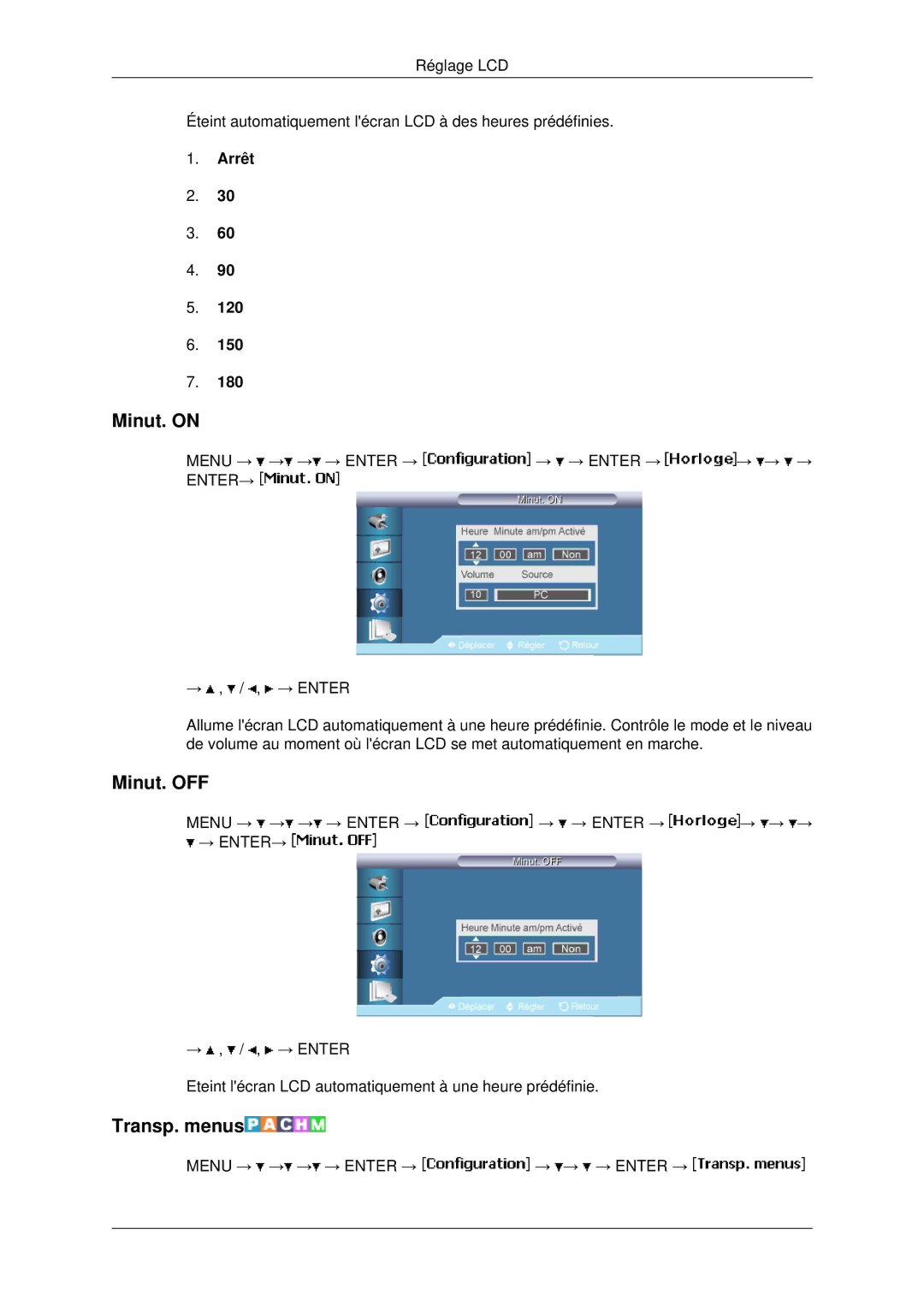 Samsung LH82BVSLBF/EN, LH82BVTLBF/EN manual Minut. on, Minut. OFF, Transp. menus, Arrêt 