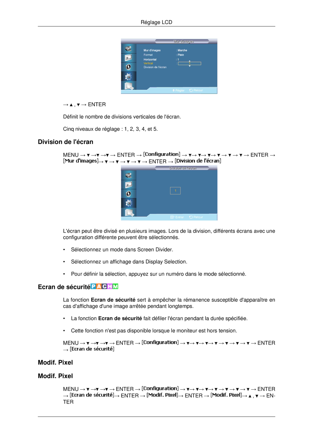 Samsung LH82BVSLBF/EN, LH82BVTLBF/EN manual Division de lécran, Ecran de sécurité, Modif. Pixel 