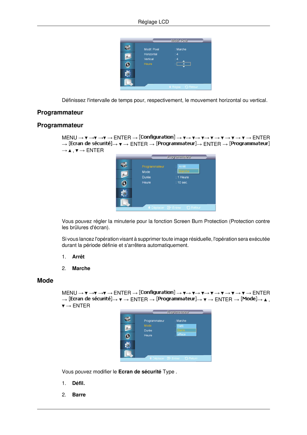 Samsung LH82BVSLBF/EN, LH82BVTLBF/EN manual Programmateur, Défil Barre 