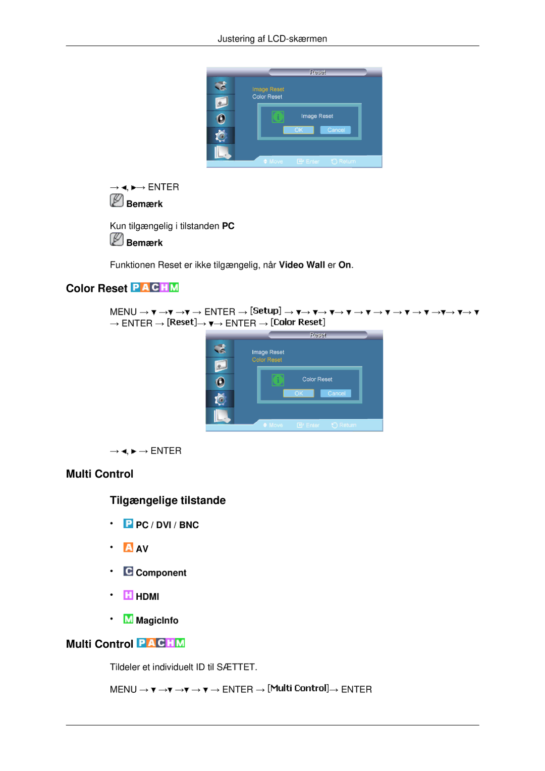 Samsung LH82BVTLBF/EN, LH82BVSLBF/EN manual Color Reset, Multi Control Tilgængelige tilstande 