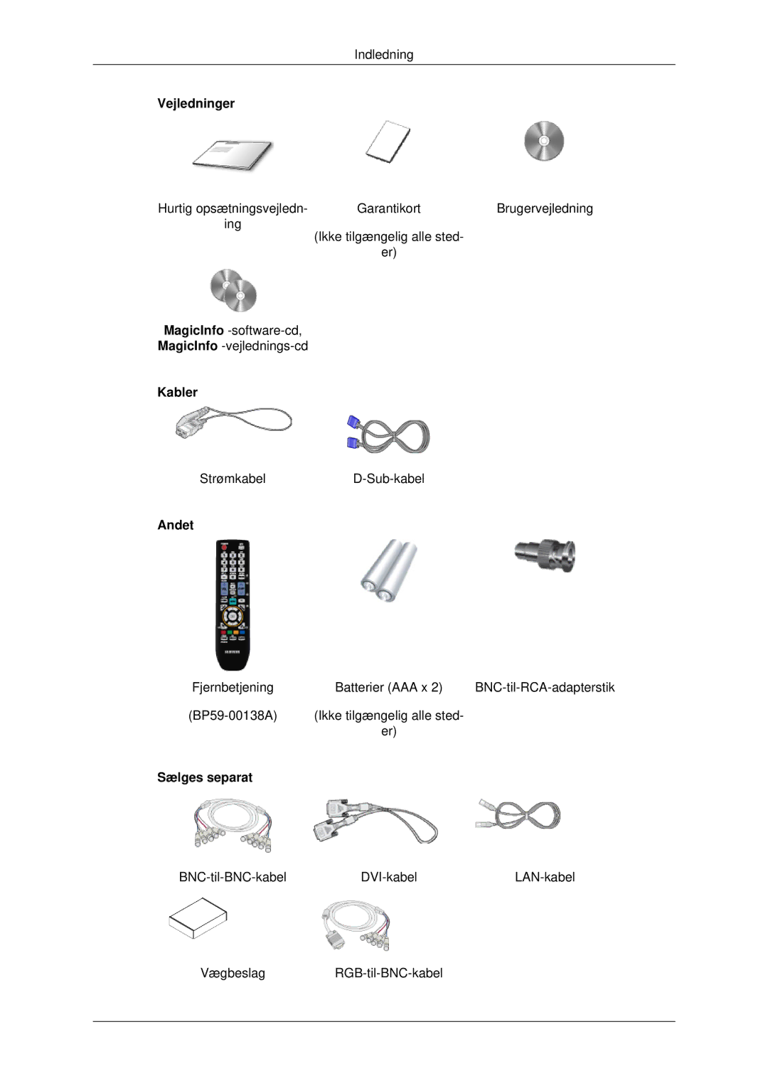 Samsung LH82BVSLBF/EN, LH82BVTLBF/EN manual Vejledninger, Kabler, Andet, Sælges separat 