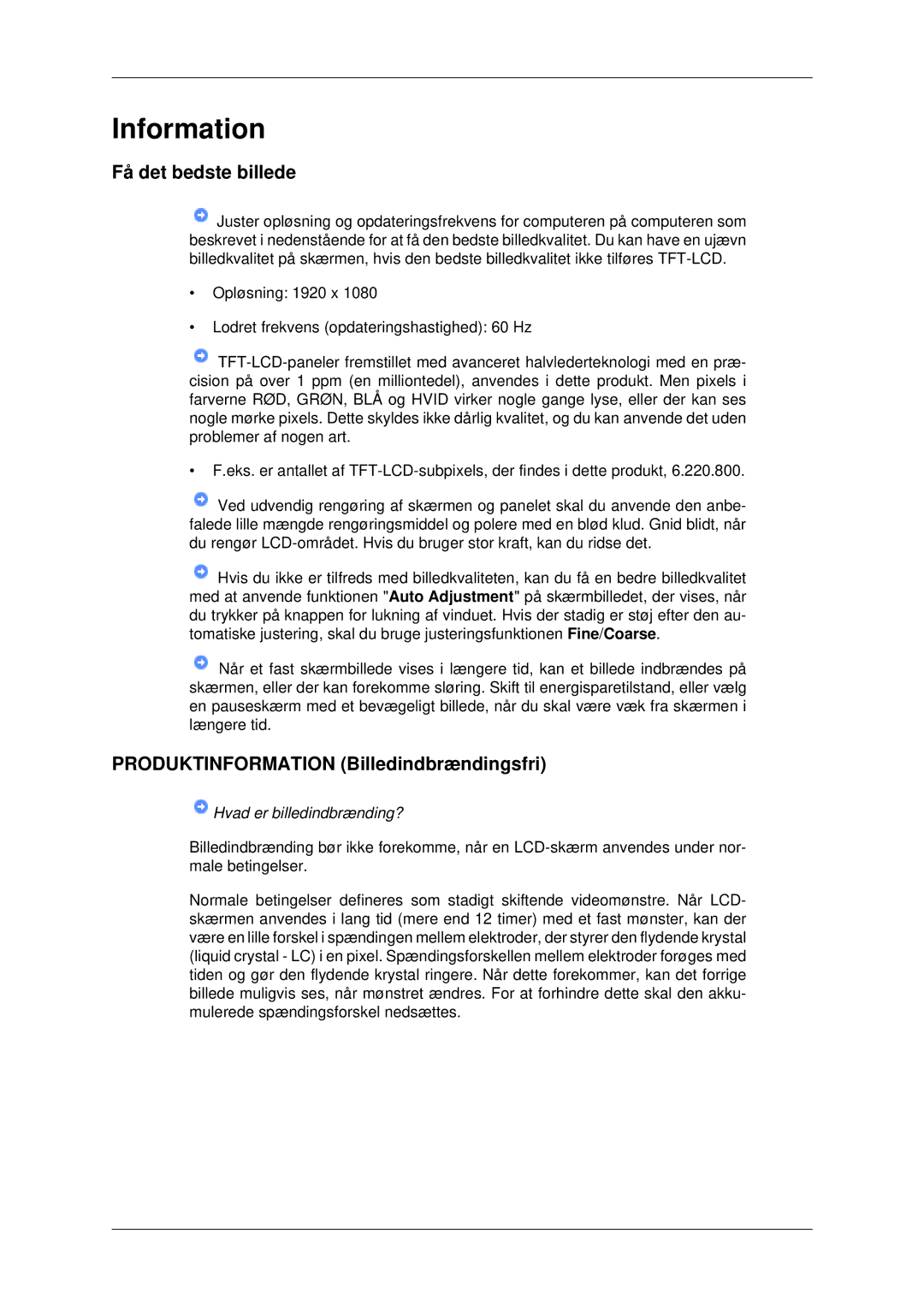 Samsung LH82BVSLBF/EN, LH82BVTLBF/EN manual Få det bedste billede, Produktinformation Billedindbrændingsfri 