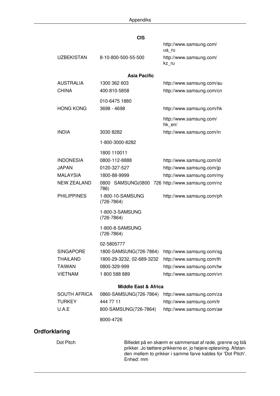 Samsung LH82BVTLBF/EN, LH82BVSLBF/EN manual Ordforklaring, Asia Pacific, Middle East & Africa 